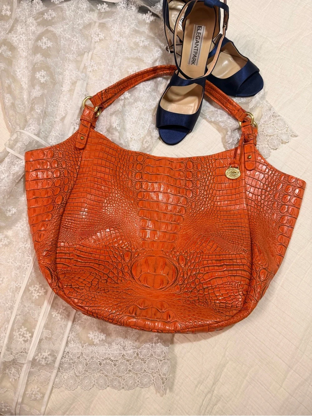 Brahmin Jacqueline Melbourne Orange Croc Embossed Leather Large Hobo Tote